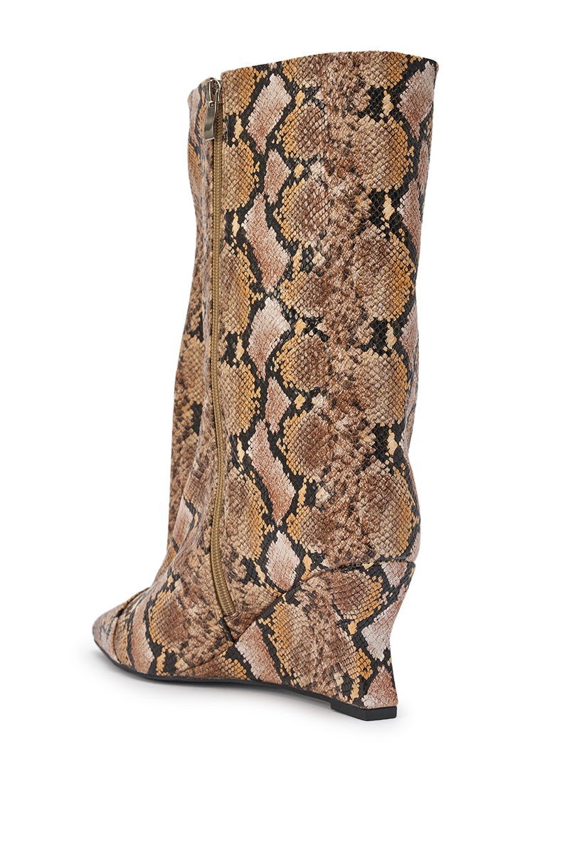 A side view of the AZALEA WANG VINCI SNAKE PU PRINT WEDGE BOOTIE, featuring a tan and brown snakeskin print, pointed toe, wedge heel, and a visible side zipper. 8