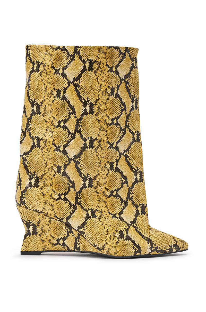 The AZALEA WANG VINCI YELLOW SNAKE PU PRINT WEDGE BOOTIE features a pointed toe and hidden wedge heel, crafted in faux snakeskin leather and displayed in side profile against a white background. 2