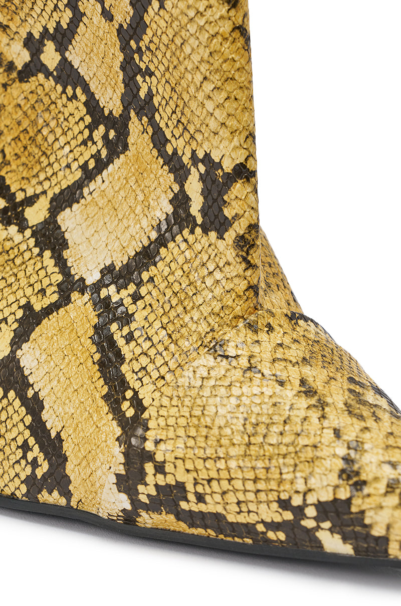 Close-up of the AZALEA WANG VINCI YELLOW SNAKE PU PRINT WEDGE BOOTIE, featuring a pointed toe, wedge heel, detailed faux snakeskin texture, and a sleek, structured design. 5