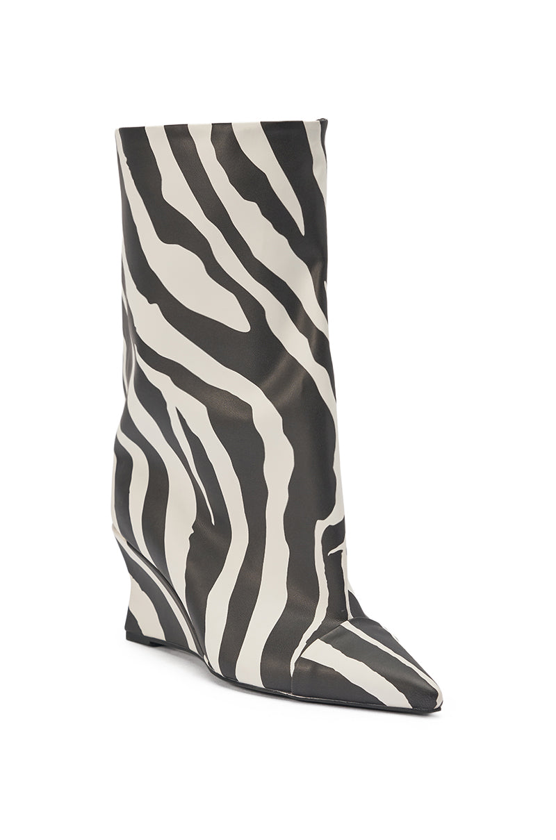 The AZALEA WANG VINCI ZEBRA PU PRINT WEDGE BOOTIE is a single faux leather boot with a black and white zebra print, pointed toe, and flat wedge heel, shown against a plain white background. 3