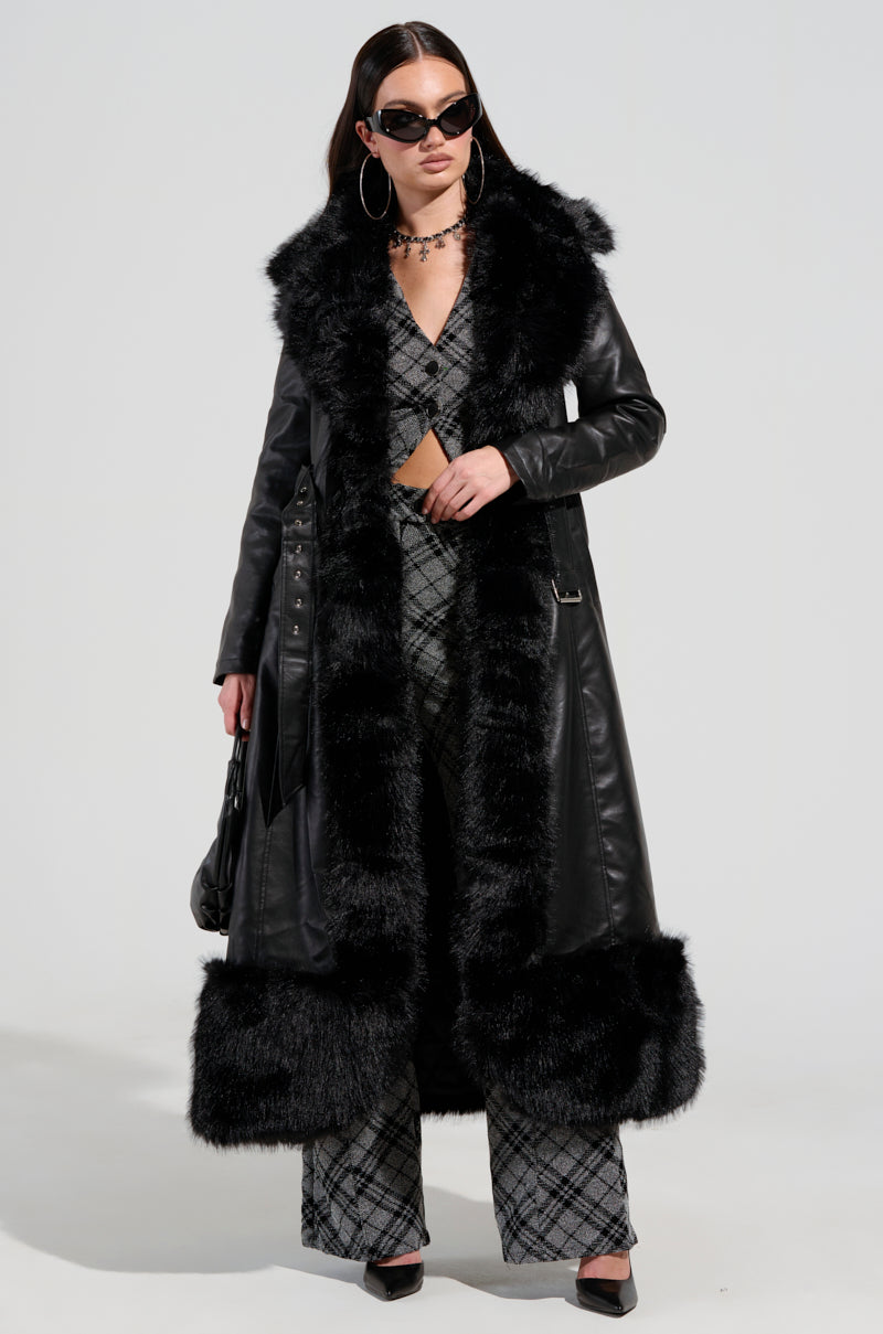 Long Leather Coat With Fur Trim Faux Leather Longline Coat With