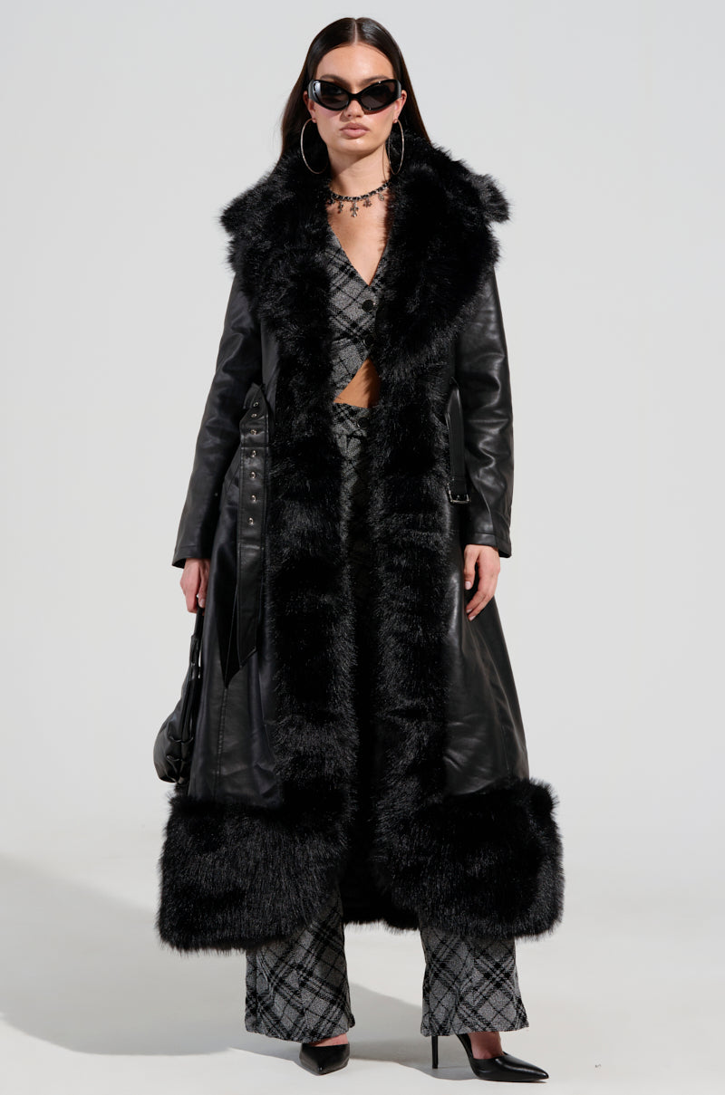 VIVAN LONG PU TRENCH WITH FAUX FUR TRIM - Main Image