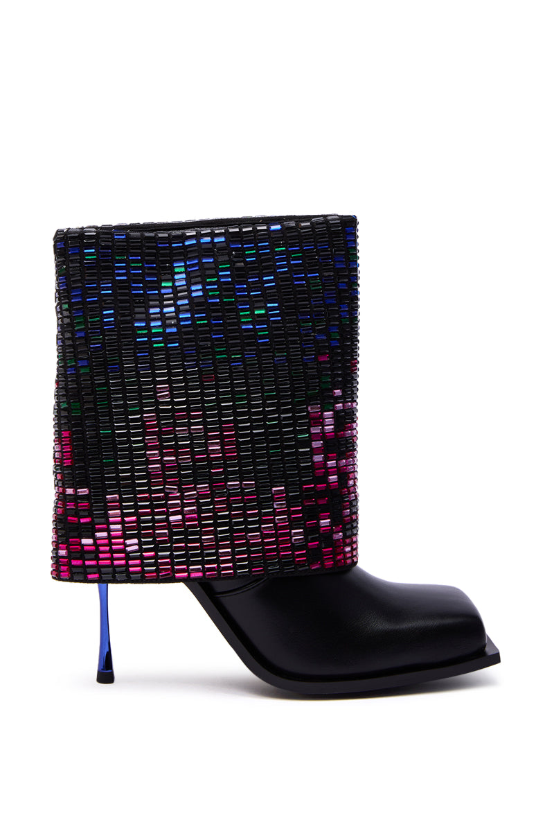 The AZALEA WANG VOLLMER BLACK RHINESTONE CUFF BOOTIE features a square toe, wide structured shaft adorned with multicolored rhinestones, an angular sole, and a thin blue heel for a standout, modern look.