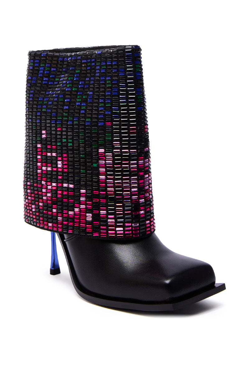 The AZALEA WANG VOLLMER BLACK RHINESTONE CUFF BOOTIE features a square toe, beaded black, pink, blue, and purple rhinestone layers, and a slim blue heel for a striking look.
