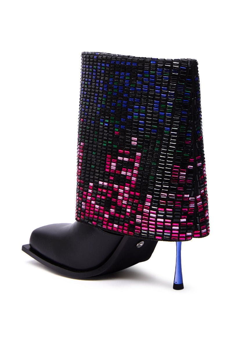 The AZALEA WANG VOLLMER Black Rhinestone Cuff Bootie features a square toe, black base, dramatic rhinestone embellishments in black, pink, and blue, and a slender metallic blue heel for standout style.