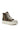 The AZALEA WANG WACKY CAMO HIGH TOP SNEAKER, presented at an angle on a white background, boasts a striking camouflage pattern in shades of green, brown, and black. It features white laces, a cap toe, and a thick platform sole that enhances its daring design.