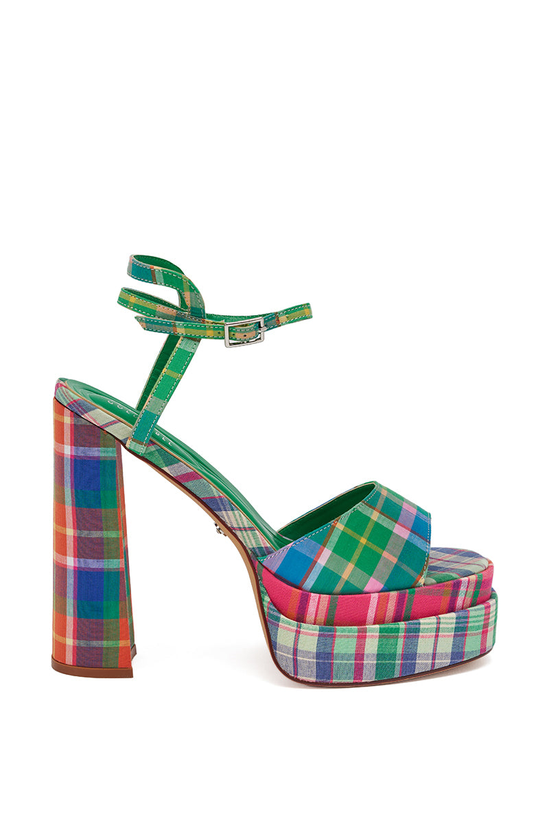 The AKIRA GOLD WANDELLA GREEN PLAID PLATFORM SANDAL features a multicolor plaid pattern, ankle strap with buckle, and chunky block heel in vibrant green, blue, pink, red, and purple for standout style. 3