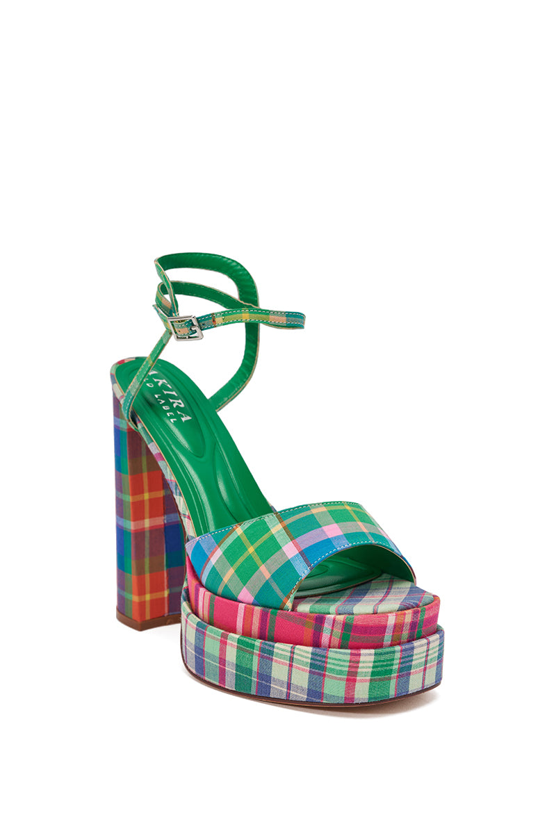 The AKIRA GOLD WANDELLA GREEN PLAID PLATFORM SANDAL features a bold green footbed and ankle strap, plus a colorful plaid pattern on the platform sole and chunky block heel. 4