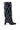 The AZALEA WANG WELLS BLACK EMBELLISHED BOOT is a knee-high boot made of vegan leather, featuring a curved chunky heel with silver studs in geometric diamond patterns, a slightly pointed toe, and a sleek glossy finish.
