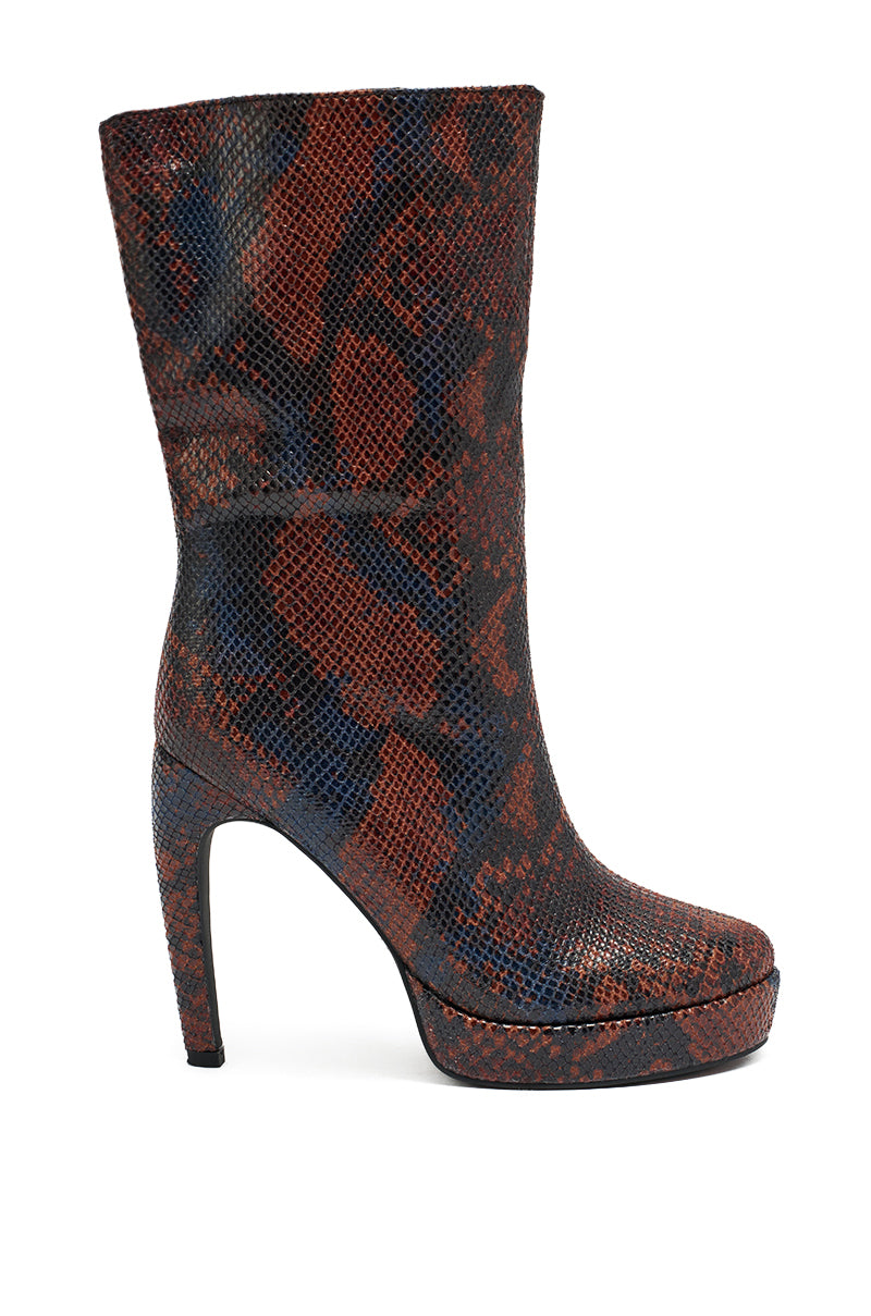 The AZALEA WANG WENONA BROWN MULTI SNAKE BOOTIE is a high-heeled platform mid-calf boot with a rounded toe, showcasing a textured multicolored snakeskin pattern in brown tones.