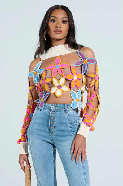SPRING CUTOUT FLORAL MOCK NECK SWEATER – AKIRA