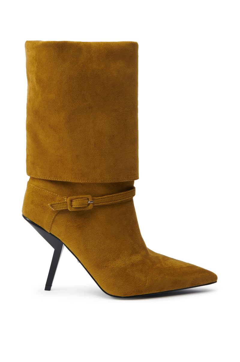 The AZALEA WANG WINDING OLIVE STILETTO BOOTIE features a mustard-yellow faux suede upper, pointed toe, wide folded-over shaft, slim stiletto heel, and a thin ankle strap with a small buckle.