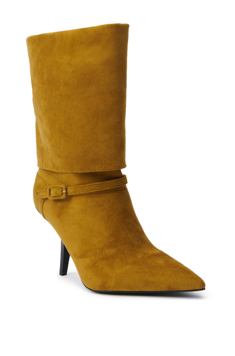 The AZALEA WANG WINDING OLIVE STILETO BOOTIE features a mustard yellow faux suede upper, pointed toe, slim high heel, and a decorative ankle strap.
