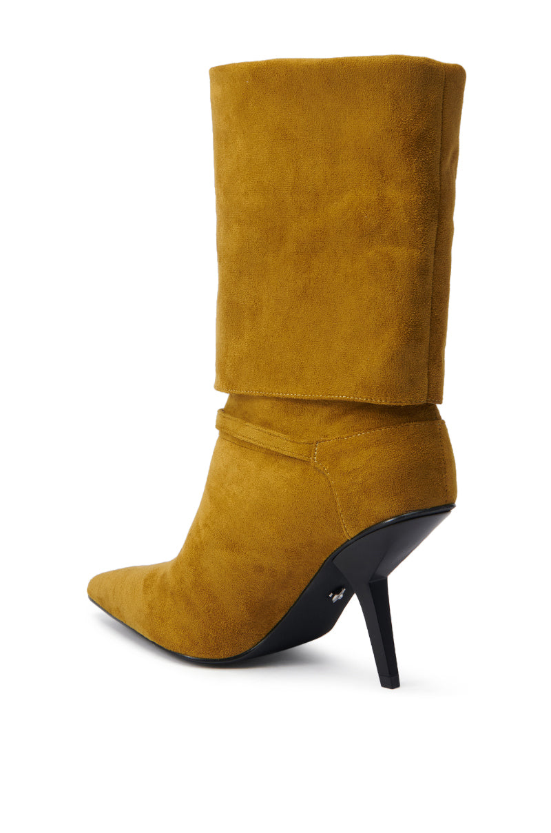 The AZALEA WANG WINDING OLIVE STILETTO BOOTIE features a pointed toe, mid-calf silhouette, and high angular black heel, shown from a rear side angle on a white background.