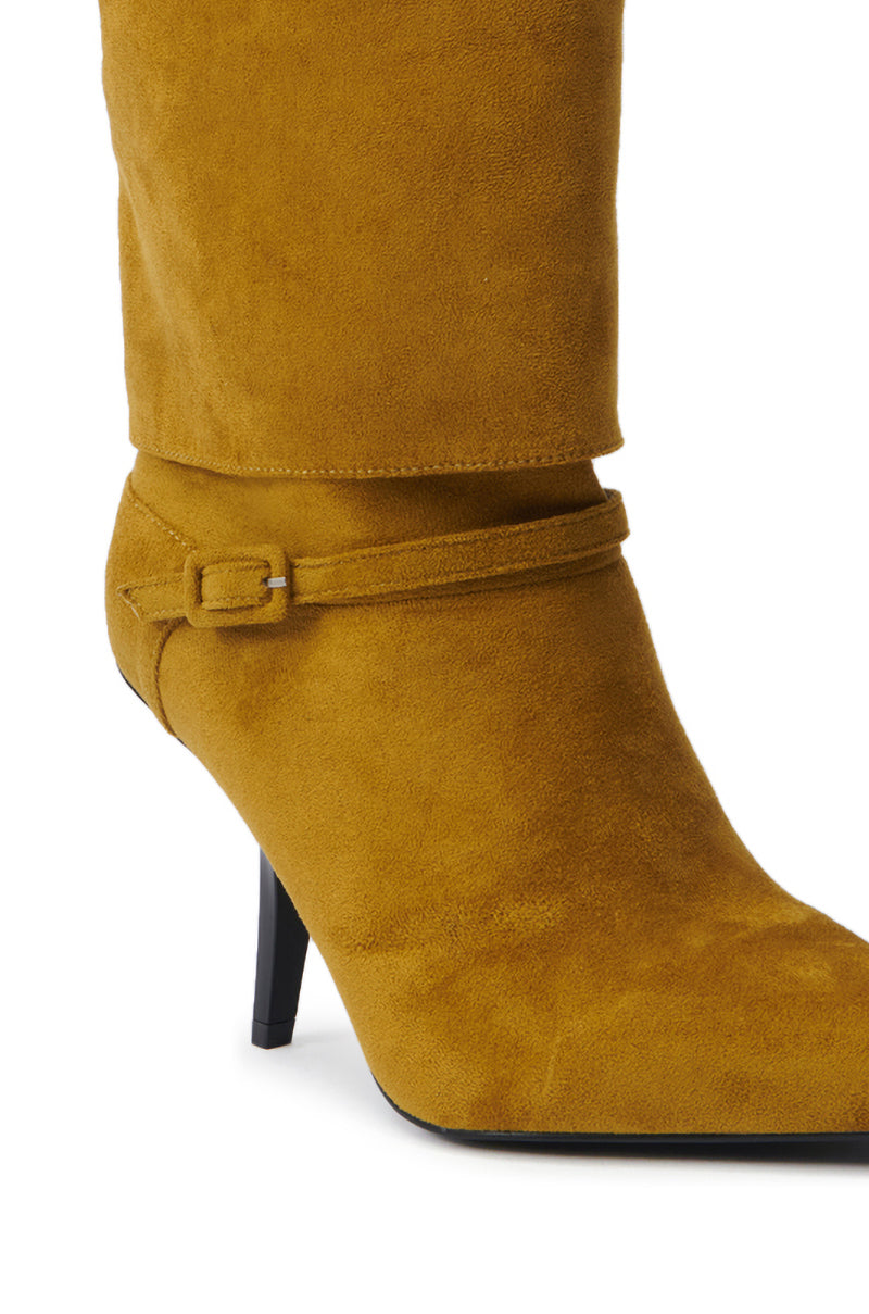 Close-up of the AZALEA WANG WINDING OLIVE STILETO BOOTIE, featuring a pointed toe, faux suede upper, slim high heel, and a thin decorative ankle strap with buckle.