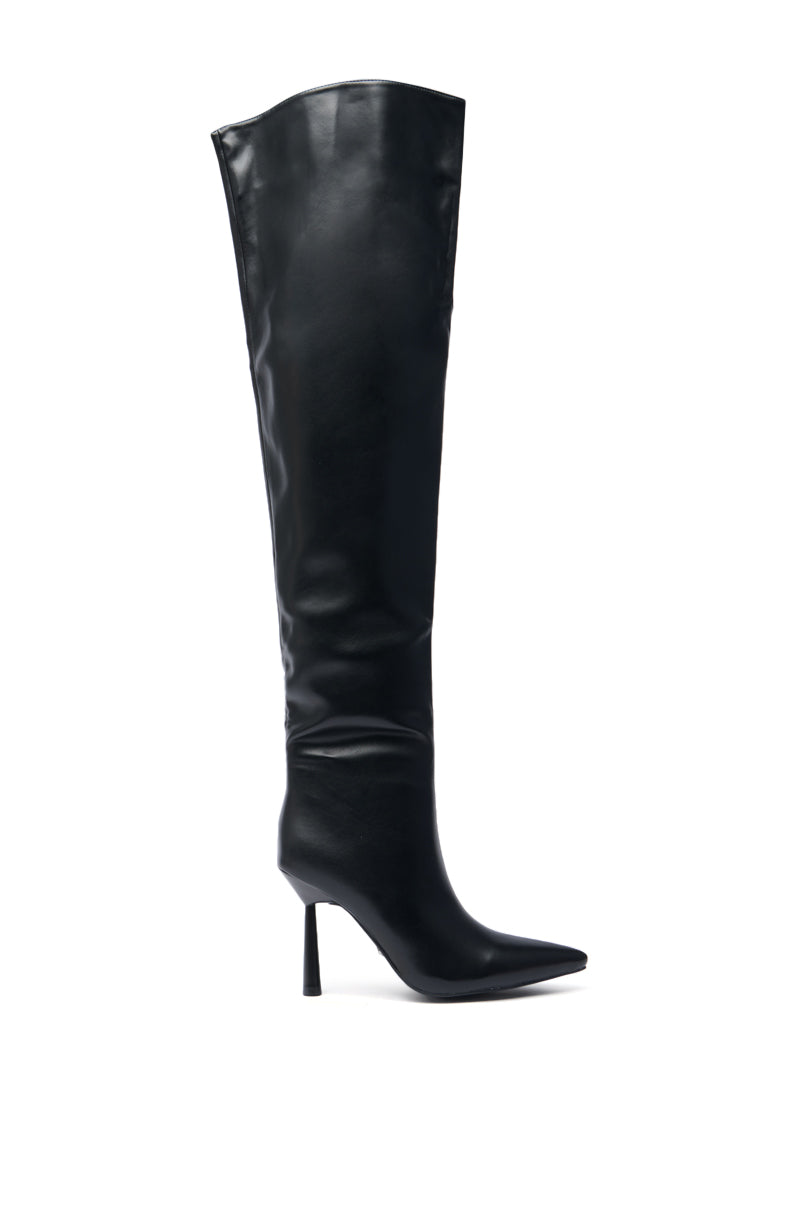 The AZALEA WANG WYNNDY BLACK THIGH HIGH BOOT, a shiny faux leather stiletto with a pointed toe, is shown from the side against a white background.