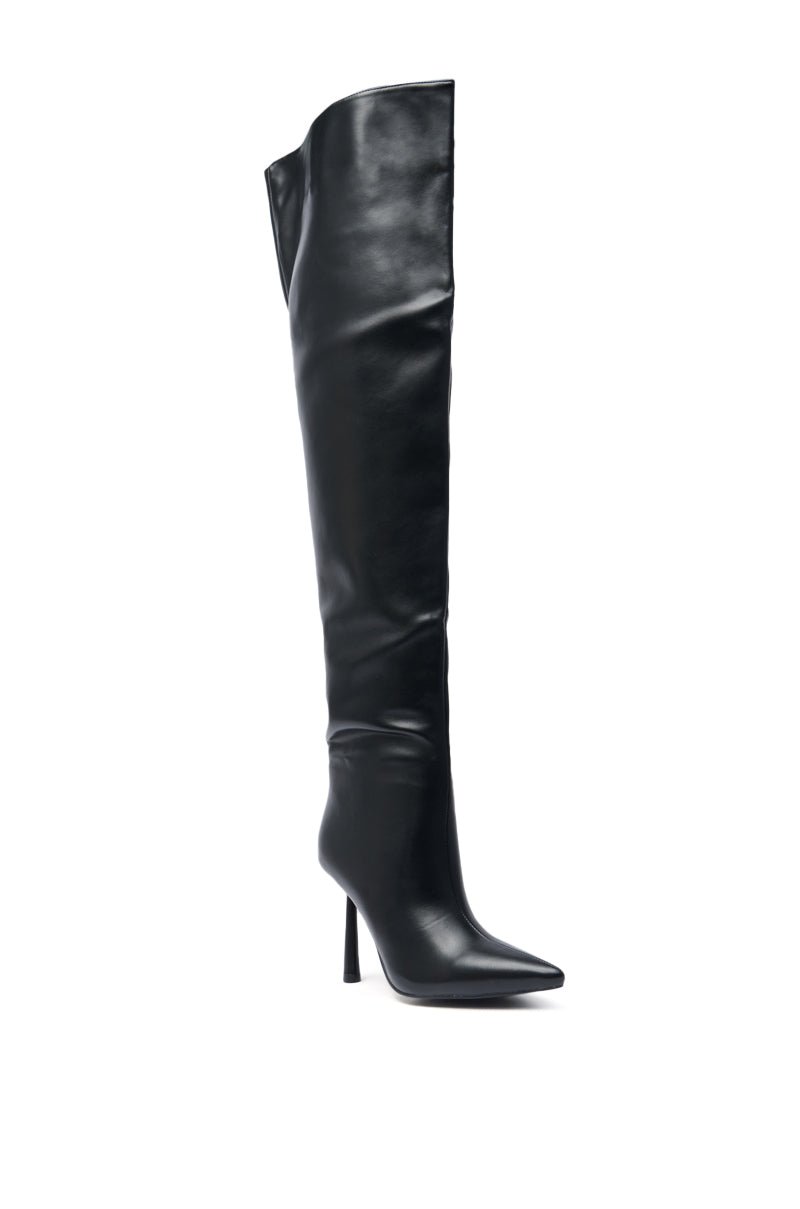 The AZALEA WANG WYNNDY Black Thigh High Boot features a pointed toe, smooth faux leather, and a tall stiletto heel, displayed solo against a plain white background.