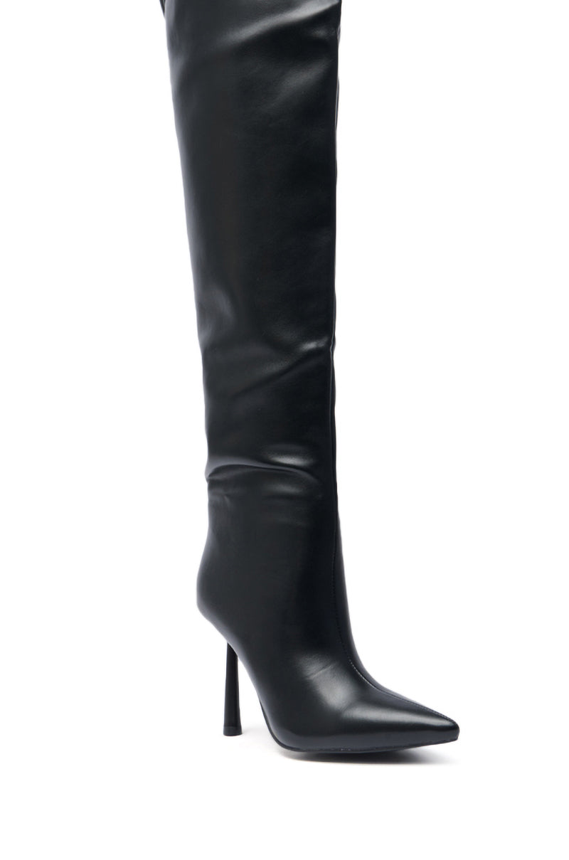 The AZALEA WANG WYNNDY BLACK THIGH HIGH BOOT is a single glossy faux leather boot with a pointed toe and tall stiletto heel, displayed against a white background.