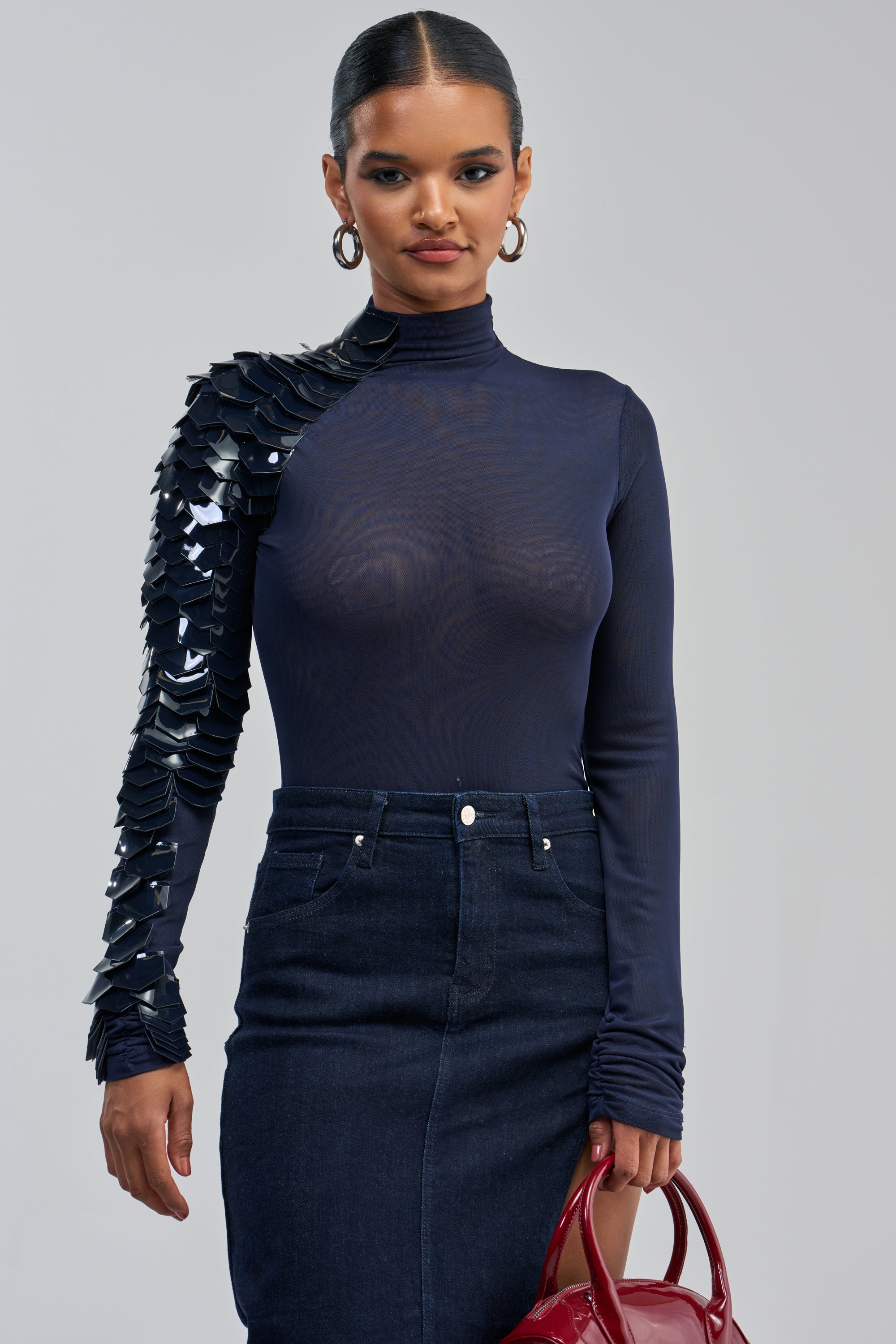 Navy One Sleeve Mesh Crop Top, Slim Fit | AKIRA