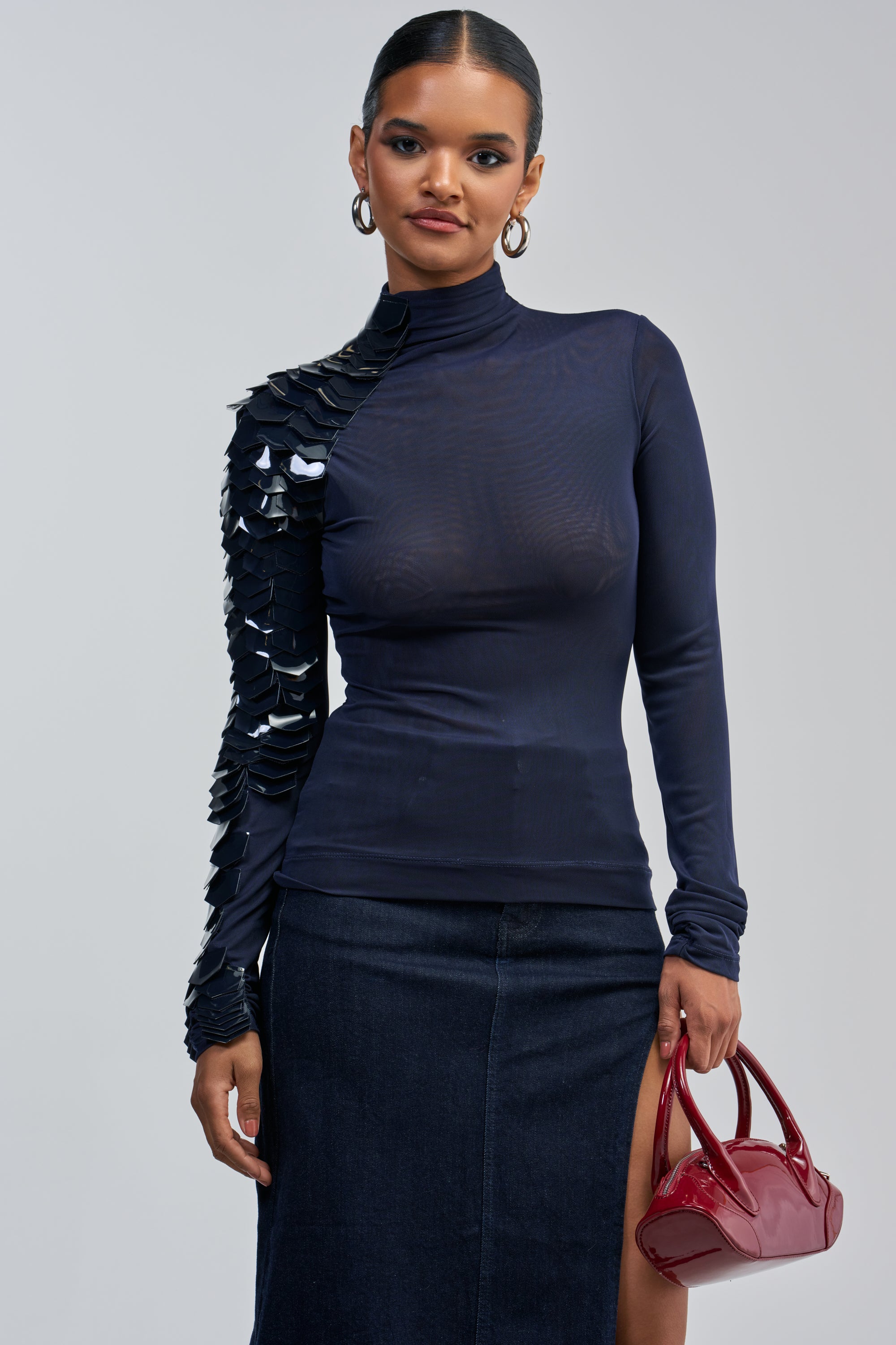 Navy One Sleeve Mesh Crop Top, Slim Fit | AKIRA