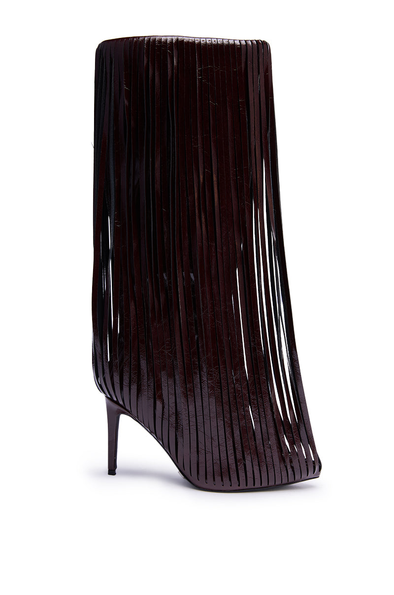 The AZALEA WANG XANTARA FRINGE BURGUNDY STILETTO BOOT features a high heel and long, narrow vertical fringe strips in burgundy, giving the boot a textured, layered look. 3