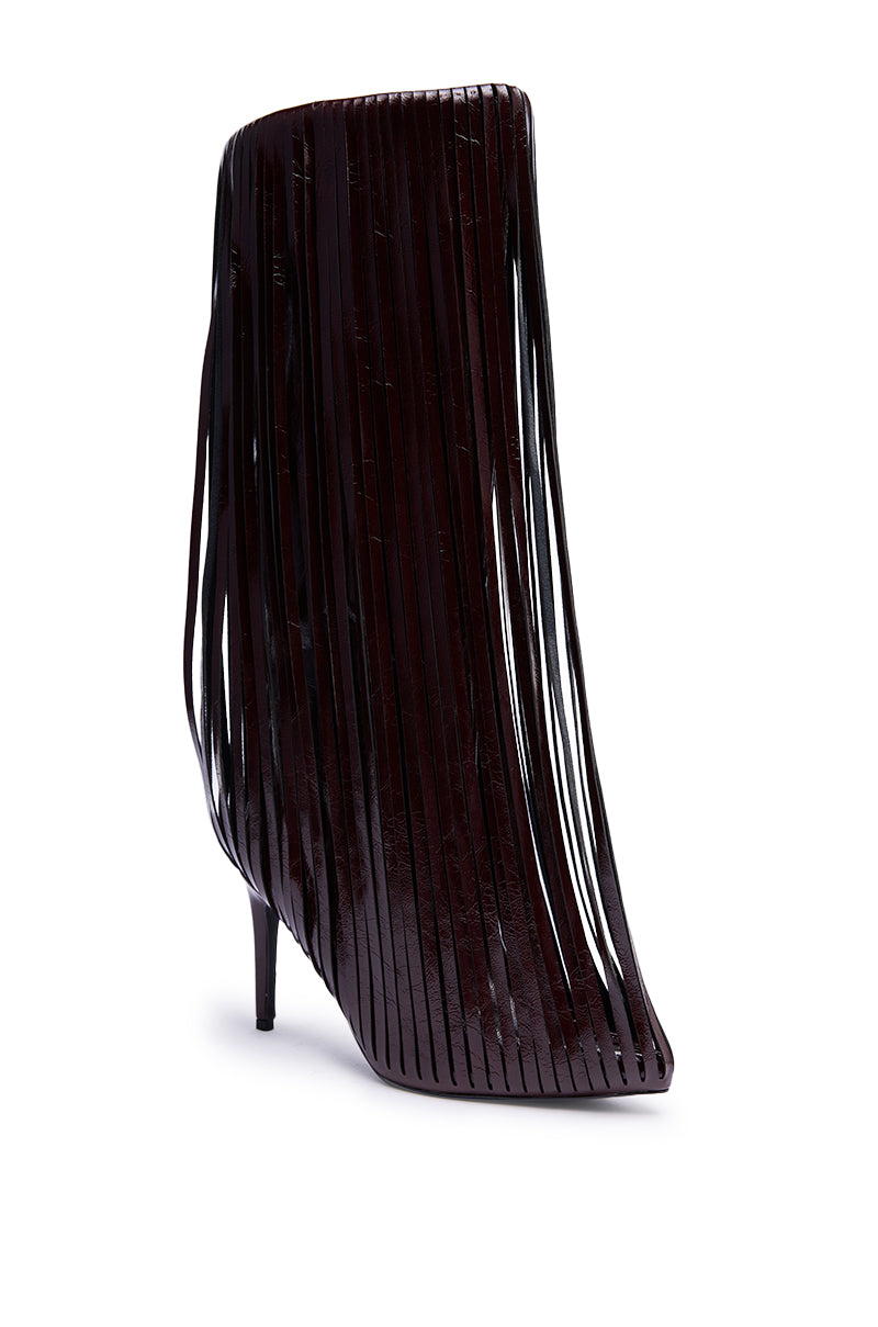 The AZALEA WANG XANTARA FRINGE BURGUNDY STILETTO BOOT features a high heel, pointed toe, and glossy finish, with dramatic long fringe strips covering the entire boot for a bold, layered look. 4