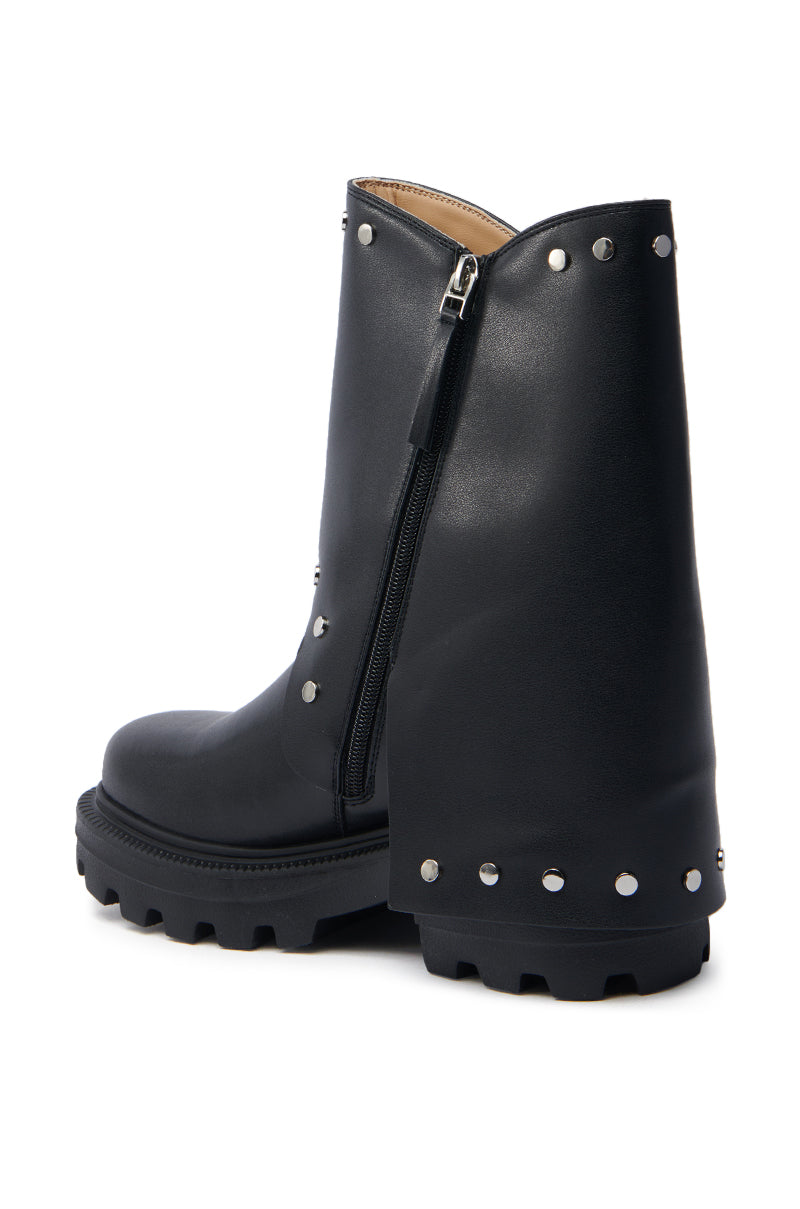 AZALEA WANG XAVIER BLACK WITH METAL FLAT BOOTIE features black faux leather with thick lug soles, metallic stud trim along the seams, side zippers, and a smooth rounded toe. The back view showcases the studs and rugged sole for a stylish yet sturdy look.