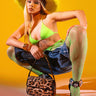 A woman poses against a yellow backdrop in a neon green bikini top, denim shorts, GREEN WITH NO ENVY TIGHTS, a large fuzzy yellow hat, leopard print bag and heels, and chunky bracelets.