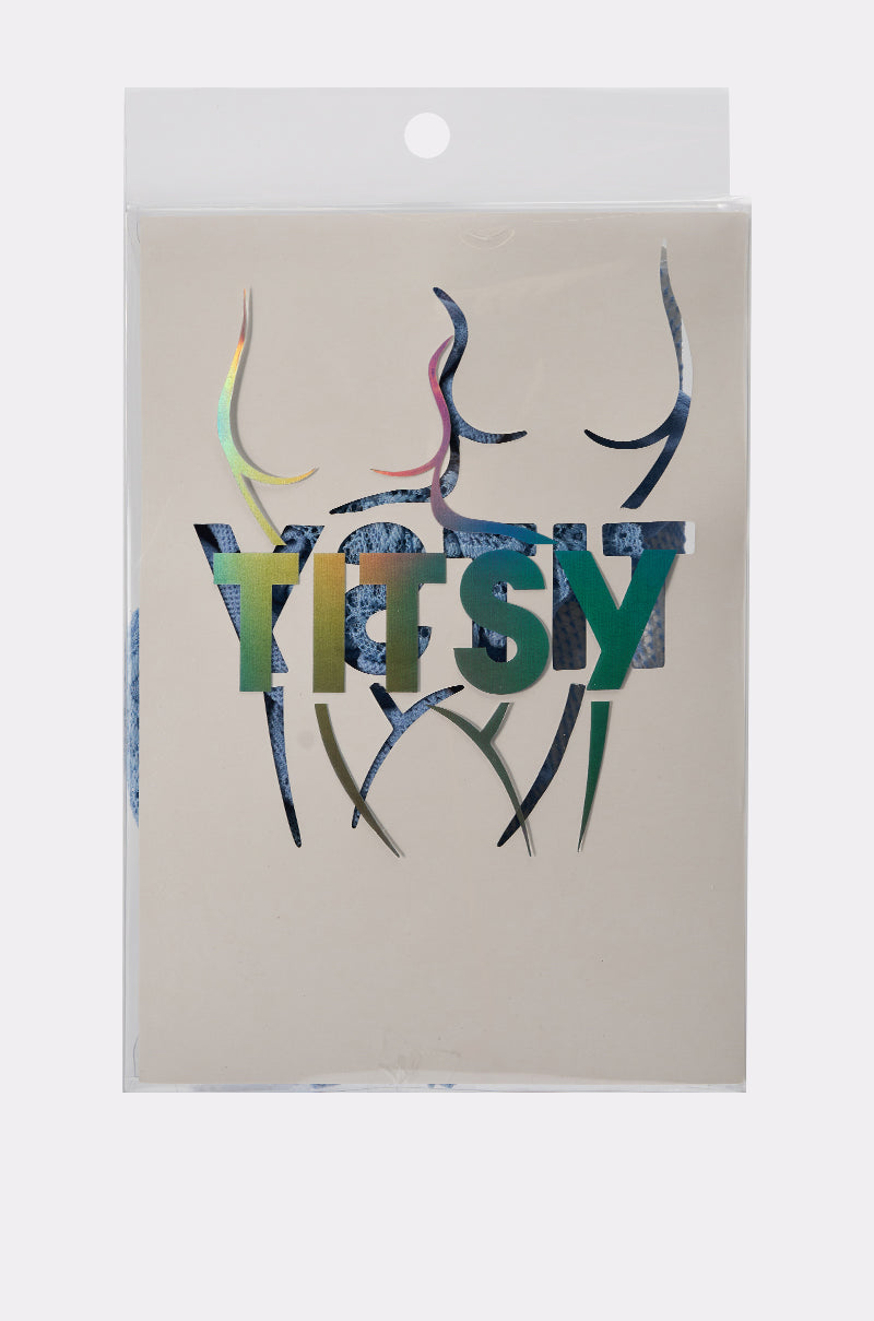 A beige package with holographic designs and bold "YESY" lettering displays CLASSY VIBES THIGH HIGH STOCKINGS behind a clear cover—elegant lace stockings perfect for adding sophisticated flair.