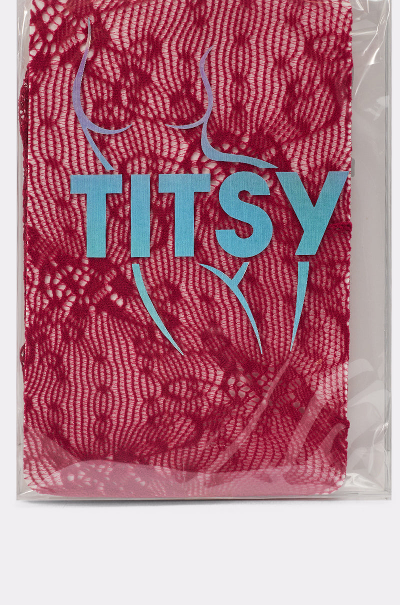 A clear plastic package contains CLASSY VIBES THIGH HIGH STOCKINGS IN RED, with the product name in bold blue letters above a simple line drawing of a woman's torso. 3