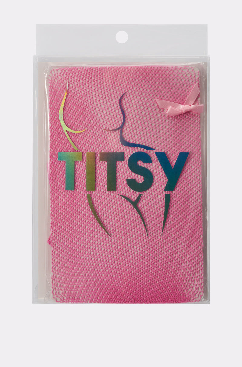 The IM THE PRESENT BOW TIGHTS come in clear packaging labeled "TITSY" in colorful letters, featuring a simple outline of a woman's body and a satin-like pink bow in the top right corner. 3