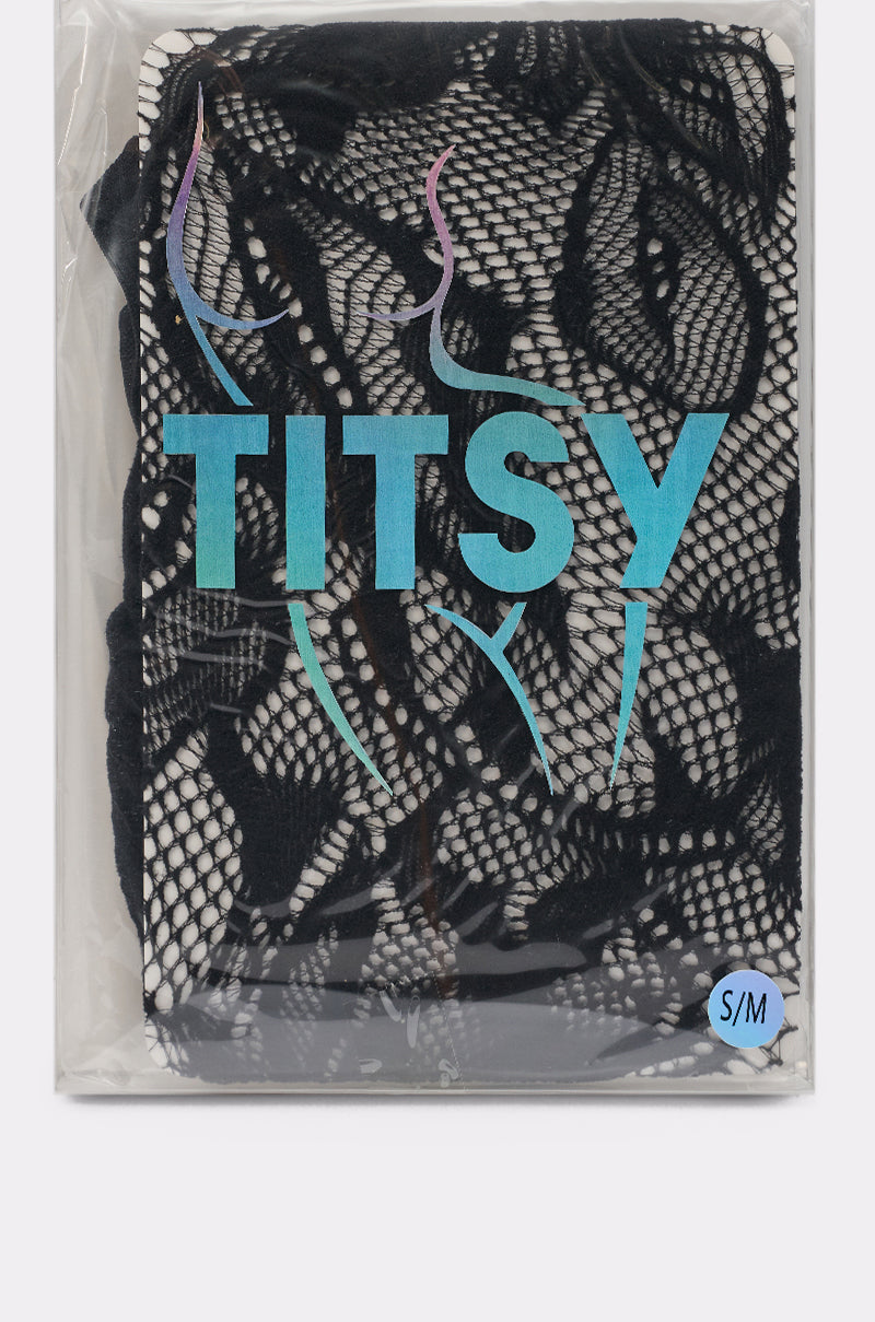A package of black fishnet LILI TIGHTS, featuring "TITSY" in blue letters above a stylized woman's silhouette; a small "S/M" label is visible in the bottom right corner. 3