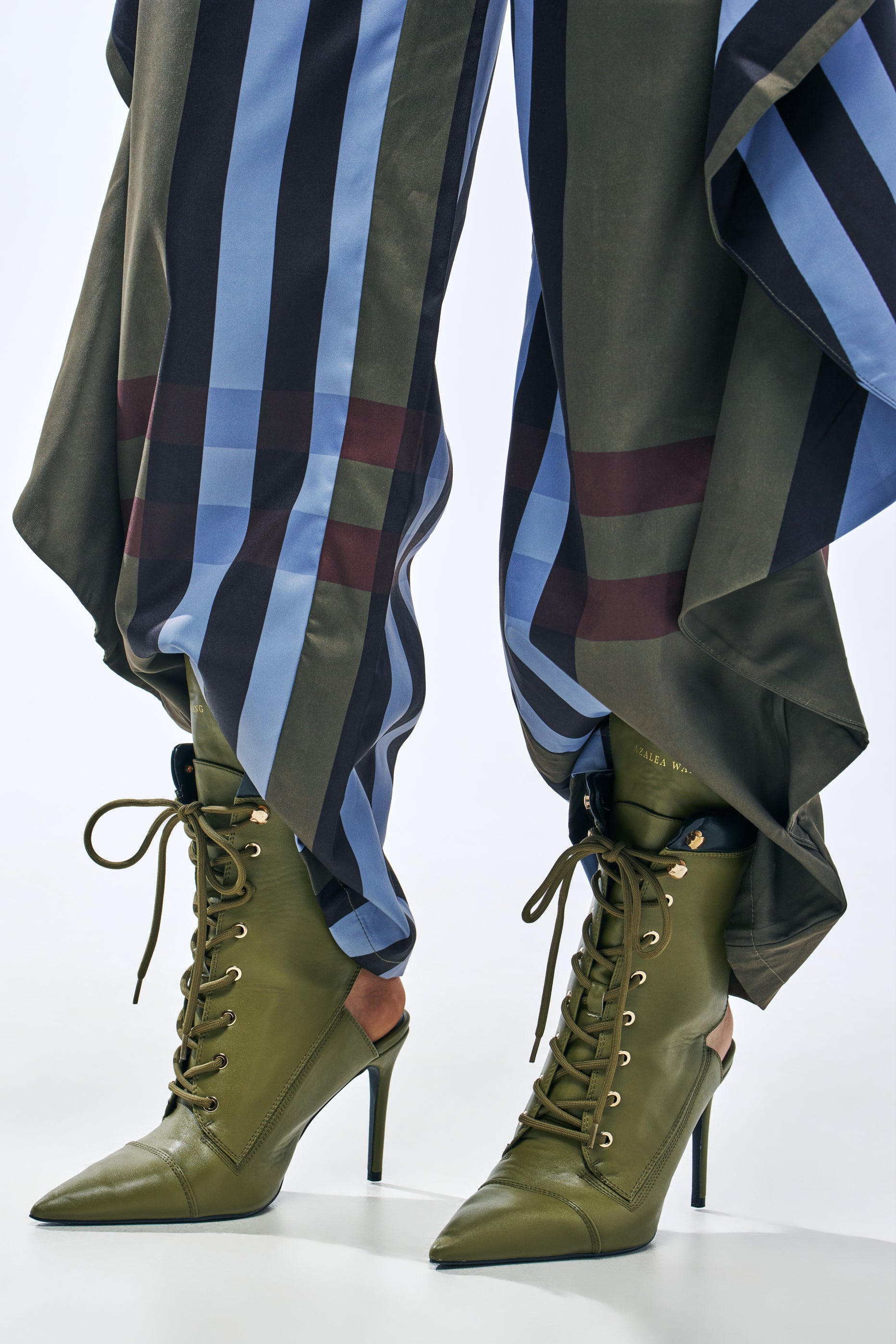 AZALEA WANG XIOMARA OLIVE LACE UP STILETTO BOOTIES in olive green with a pointed toe, open-heel design, and faux leather finish.