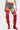 A person wears a white crop top, denim shorts, and AZALEA WANG XOMARIA Red Faux Suede Western Chap Boots with pointed toes, chunky heels, straps, and belts. The person’s face is not visible.