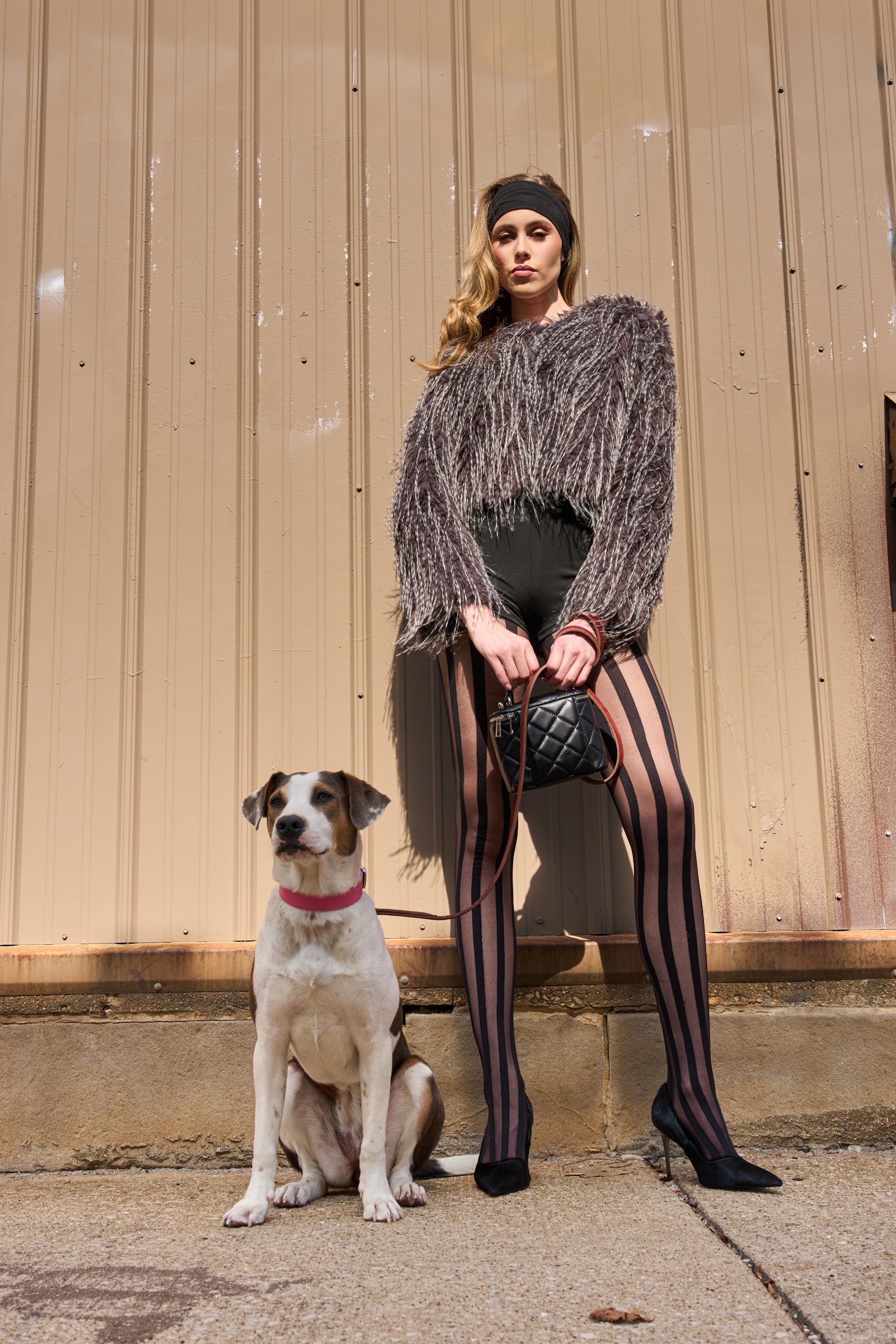 A woman in a boxy fit BIRDS OF A FEATHER SHAGGY FAUX FUR gray top, black shorts, and striped tights stands by a white and brown dog with a pink collar in front of a tan metal wall, holding a small black purse.