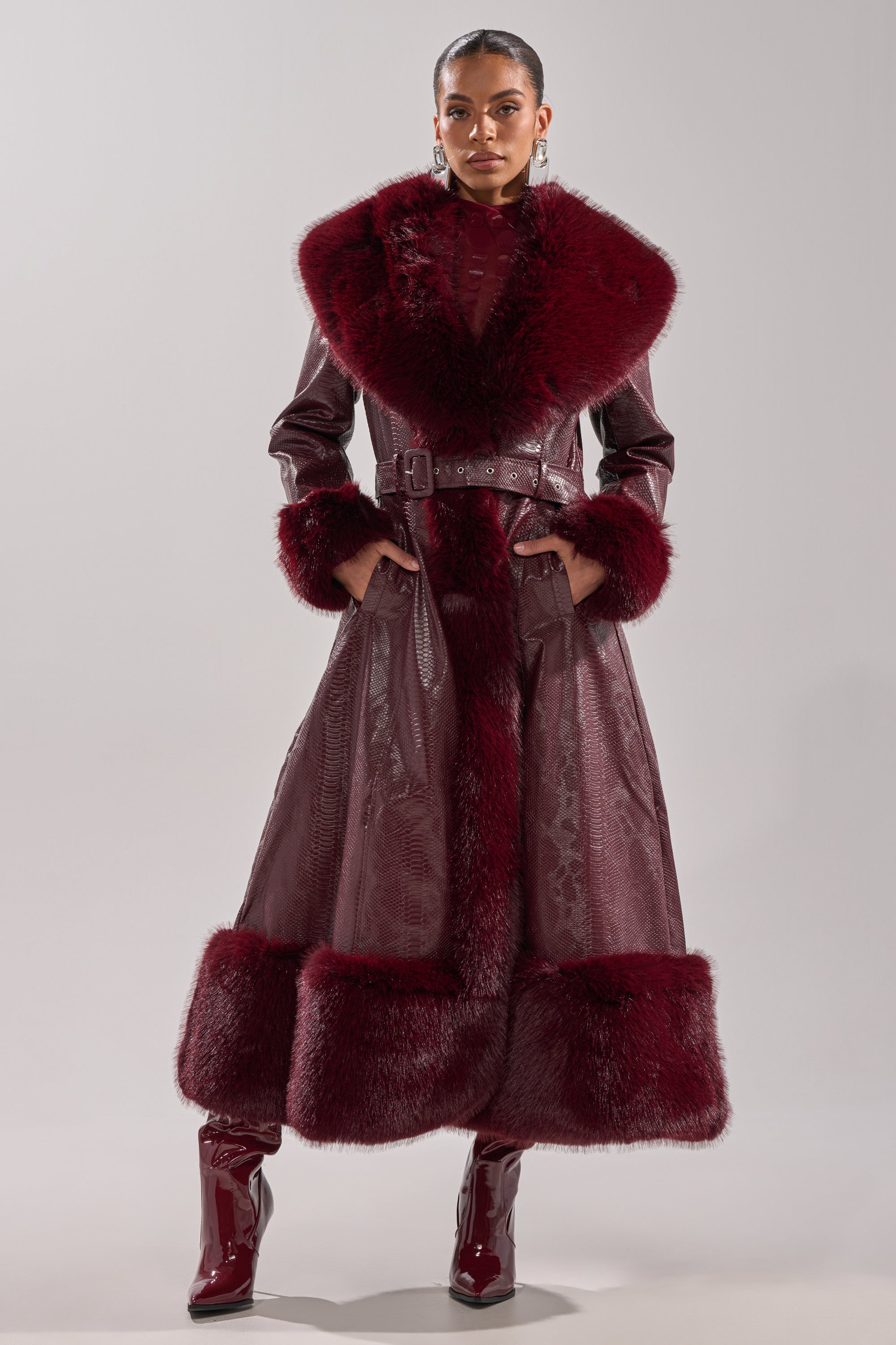 VIVIAN FUR TRIM TRENCH IN BURGUNDY – AKIRA