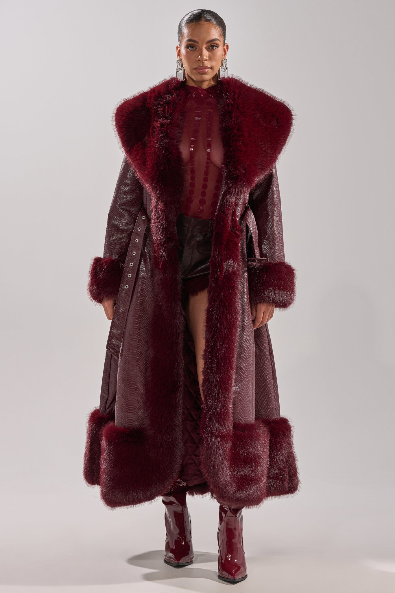VIVIAN FUR TRIM TRENCH IN BURGUNDY – AKIRA