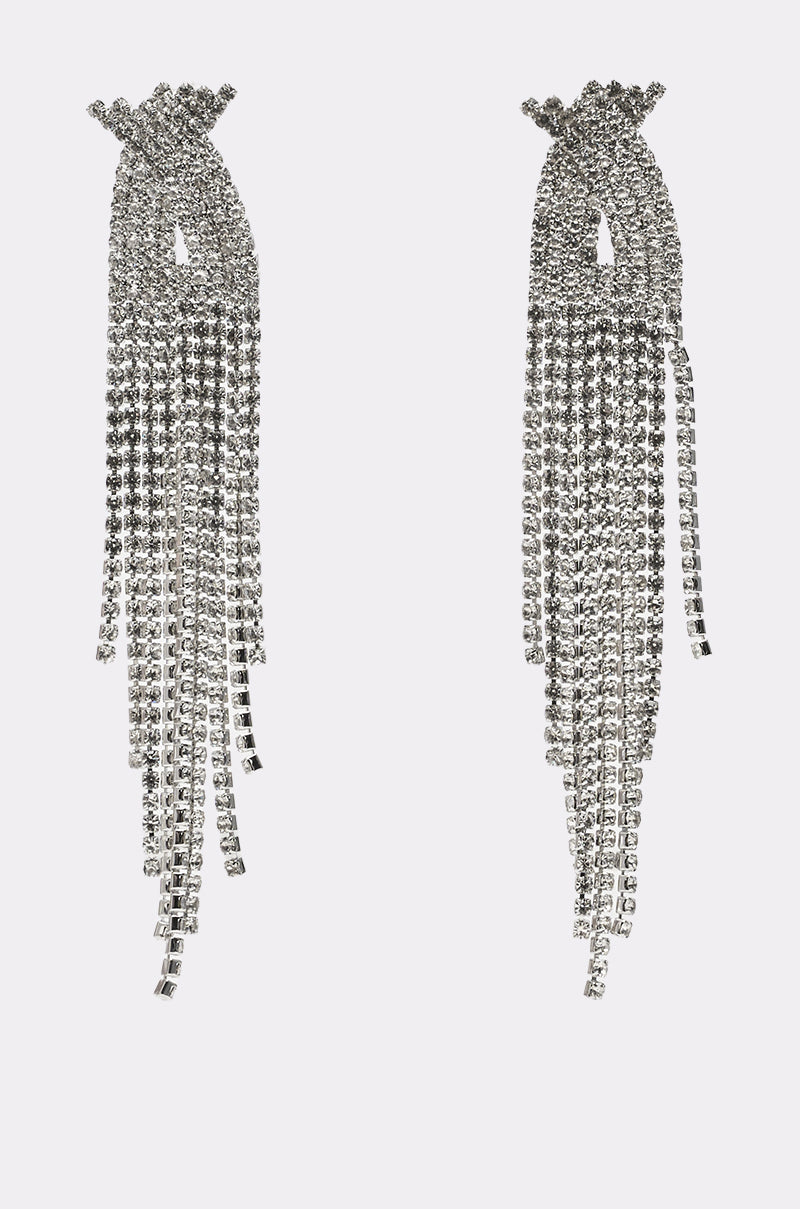 The ALIX EARRING features silver-tone knot-like tops with cascading rhinestone fringe, making these sparkling statement earrings perfect for any occasion. 0