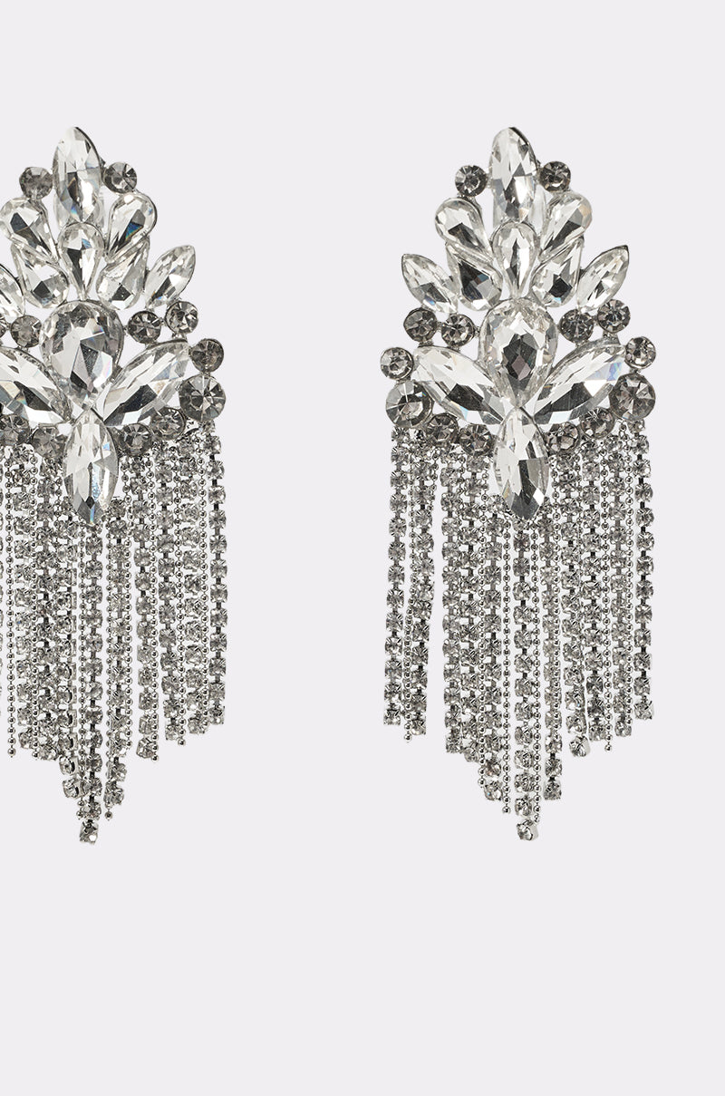 The GNO EARRING features ornate, silver-tone cascading fringe with a rhinestone cluster top and sparkling strands—ideal accessories for wedding guests. 2