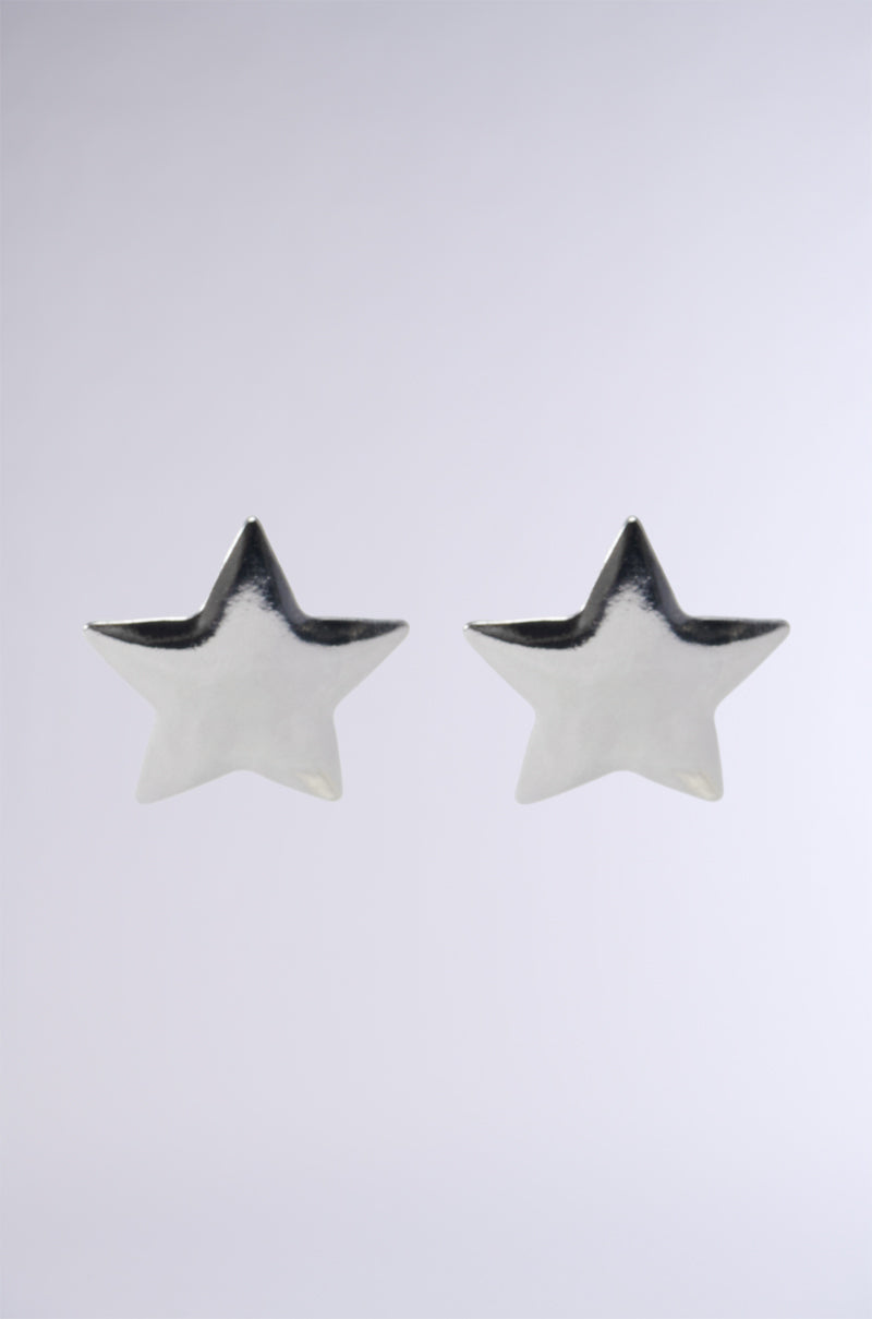 Introducing the STAR LUV EARRING: a stunning pair of metallic faux silver, star-shaped earrings beautifully showcased against a simple white background.