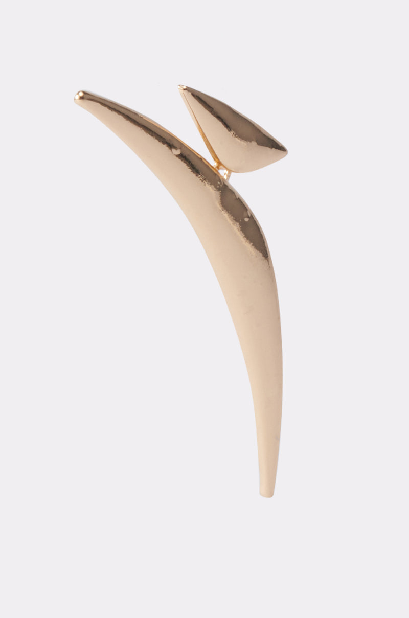 The DONT PLAY EARRING features a minimalist, gold-toned design with smooth, sculptural lines and an abstract, leaf-inspired shape—perfect for accenting understated outfits against a light gray background. 4