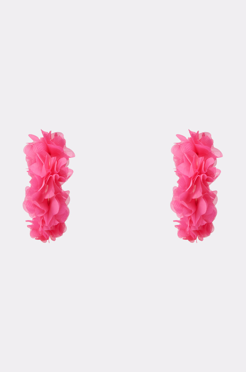 Two FULL BLOOM HOOP EARRINGS, adorned with bright pink floral appliques crafted from organza-like fabric, are displayed against a plain white background. 3