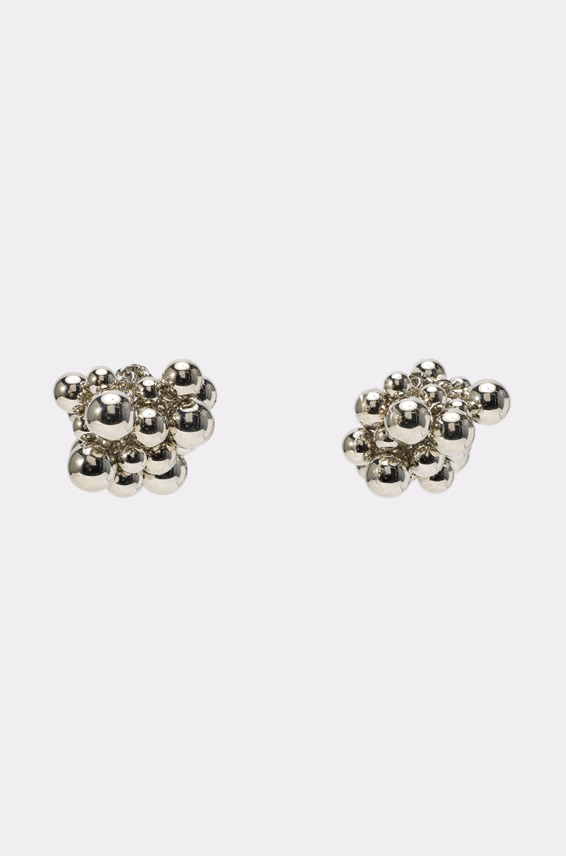 Introducing the BUBBLES AND BRUNCH SILVER EARRING—stylish bubble cluster earrings with shiny metallic spheres, showcased on a white background. Perfect statement piece for lovers of contemporary fashion accessories. 2