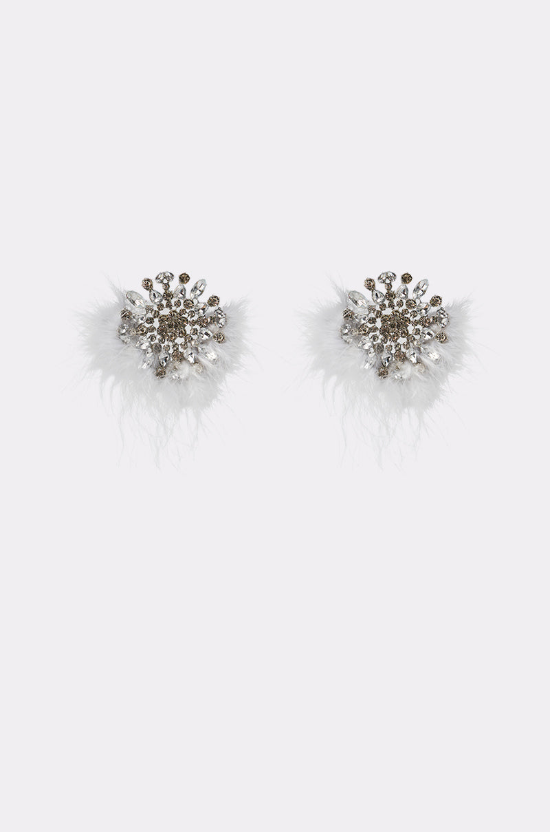 LIFE OF THE PARTY EARRING: Round, silver-toned earrings embellished with sparkling crystals and soft white feathers, displayed against a plain light background. 2