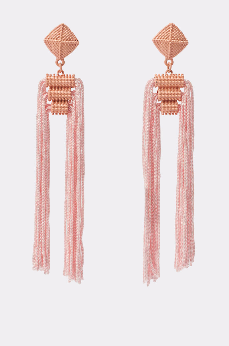 The ASK ME OUT EARRING features textured rose gold geometric tops with multiple long pale pink tassel fringes hanging from a beaded rectangular section—perfect pink drop earrings for making a bold statement. 0