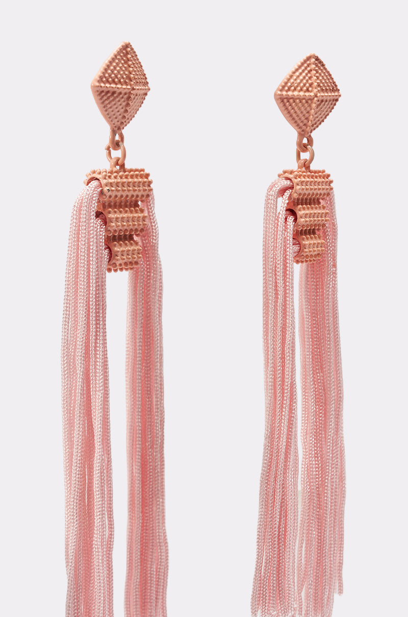 The ASK ME OUT EARRING is a pair of long, rose gold geometric earrings with textured studs and cascading fine chain tassel fringe for a stunning effect. 3