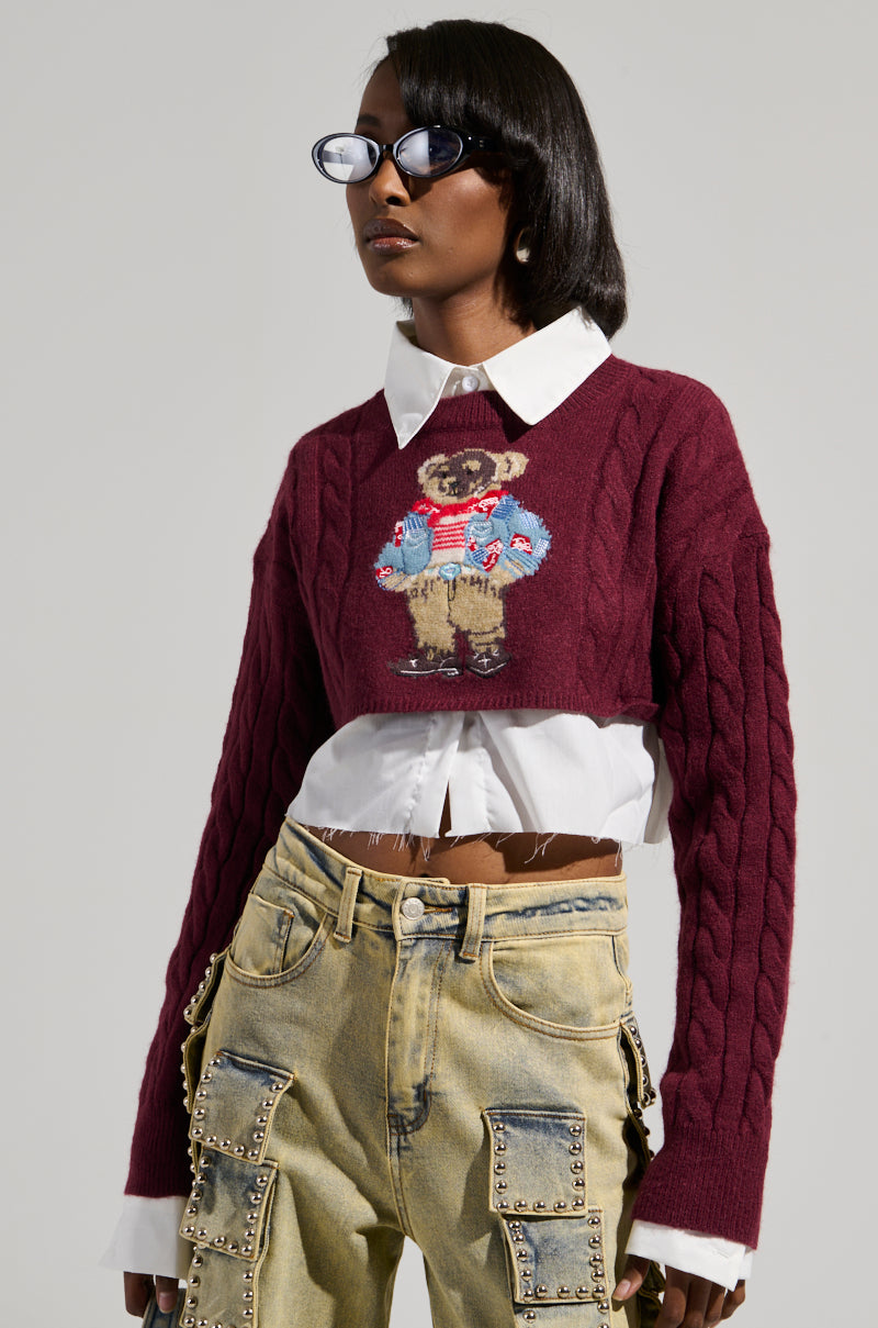 A person is wearing a burgundy TEDDY SWEATER with an embroidered bear graphic over a white collared shirt, paired with beige cargo pants featuring multiple pockets. They have short hair and are wearing dark sunglasses while standing against a plain background.
