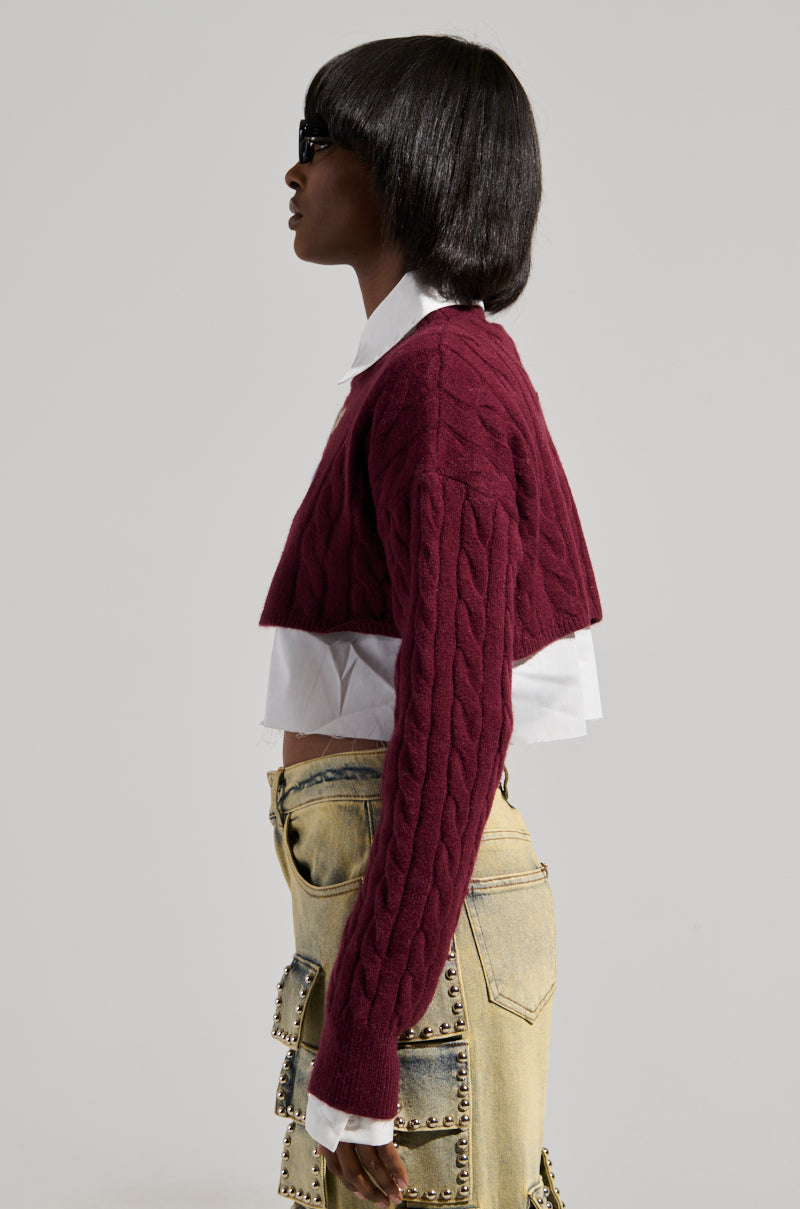 A person in profile showcases the AKIRA Label TEDDY SWEATER, which features a captivating embroidered bear graphic. This burgundy cropped knit piece is stylishly layered over a white shirt and complemented by beige pants with studded details. The individual, sporting dark hair and sunglasses, stands against a plain background.