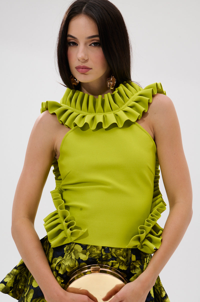 A woman with long dark hair wears the BAROQUE MOCK NECK TOP IN CHARTREUSE and a patterned skirt, holding a round gold clutch against a plain background.