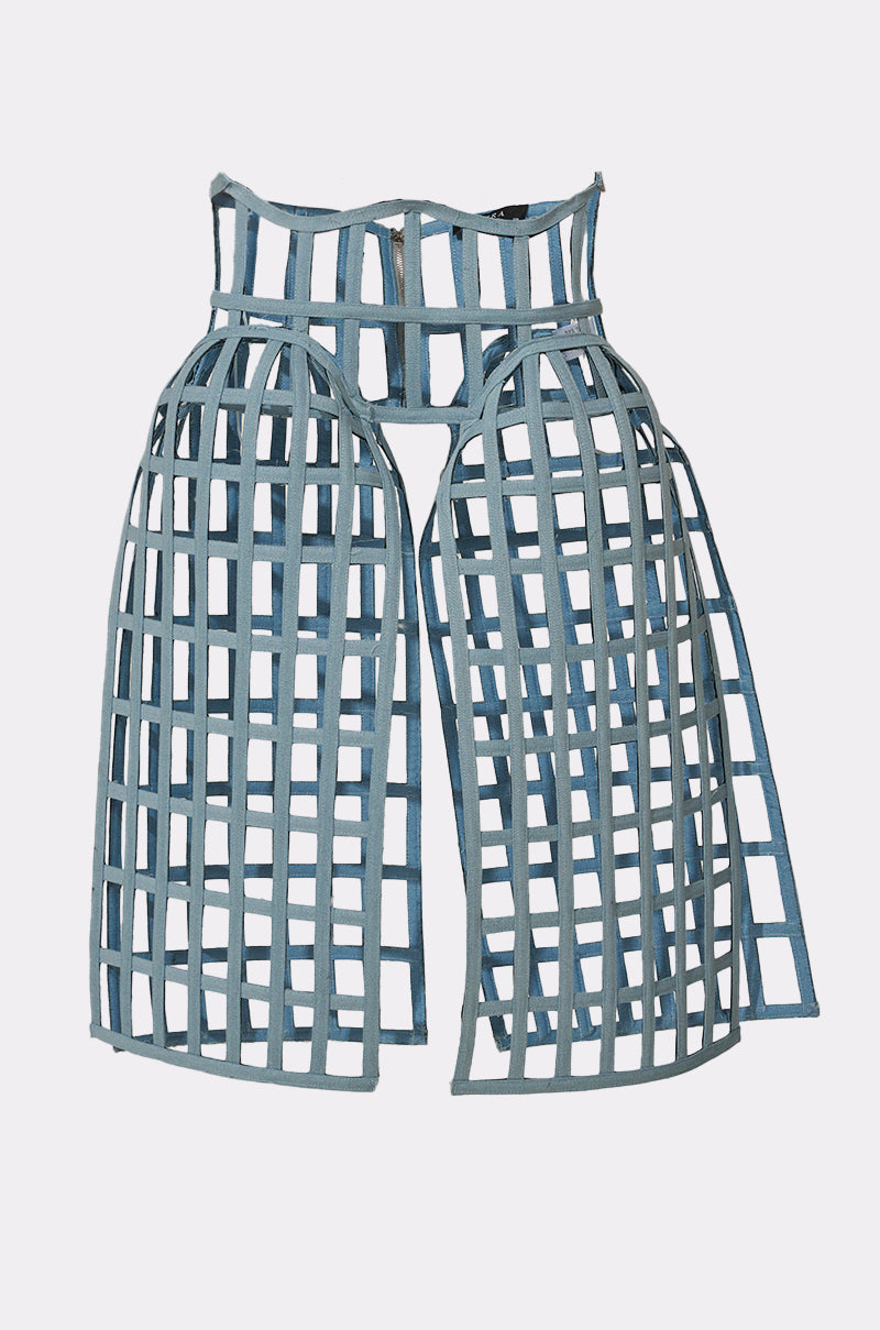 The NEVER CAGED BELT is a blue, cage-inspired accessory featuring intersecting rectangular strips in a grid structure. Designed to sit high on the waist with an open front, it creates an architectural look against a plain white background. 8